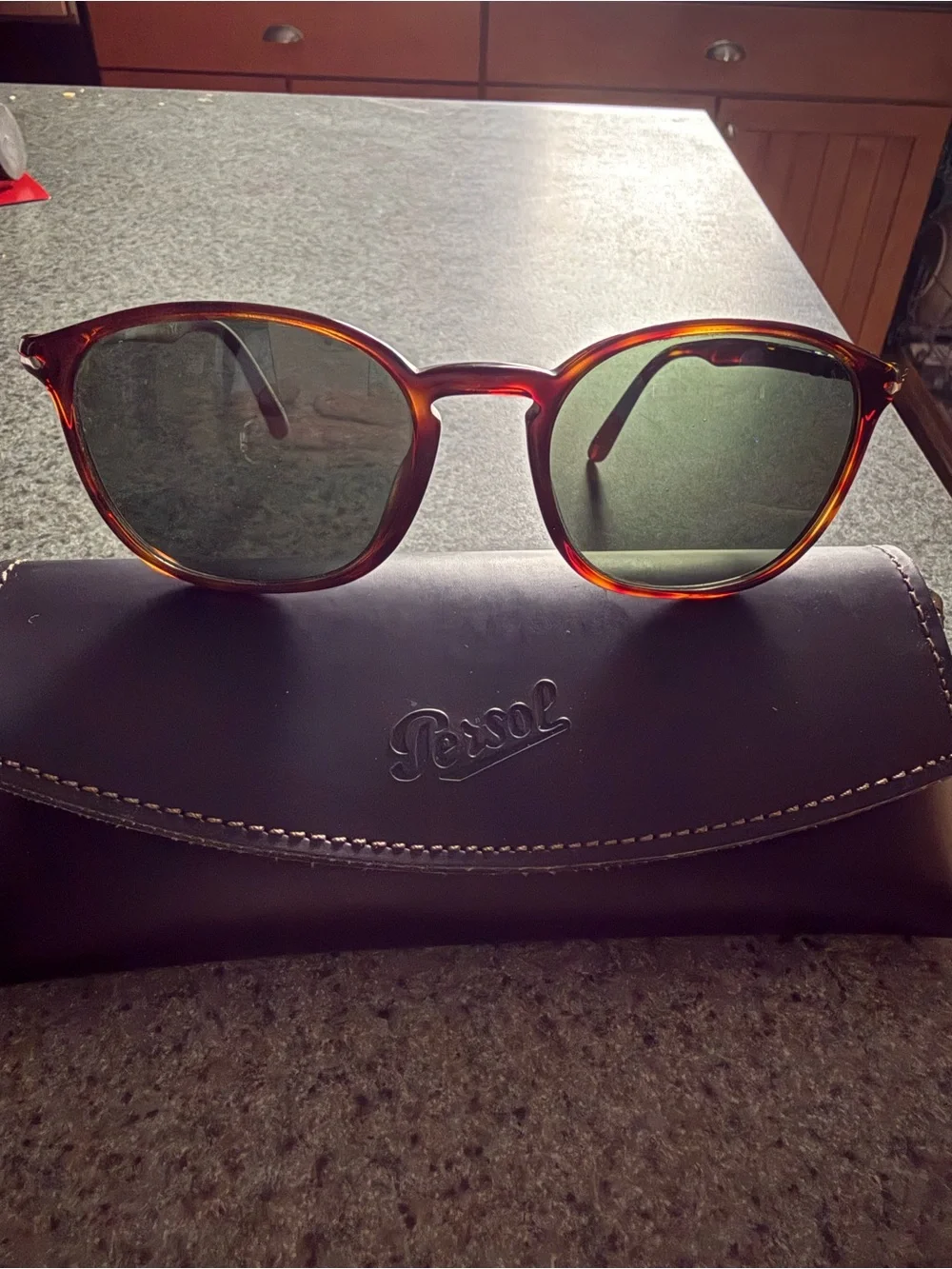 Persol Havana Tortoise shell Round Sunglasses with Green Lenses